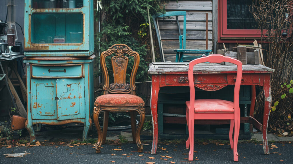 Colorful vintage furniture at yard sale