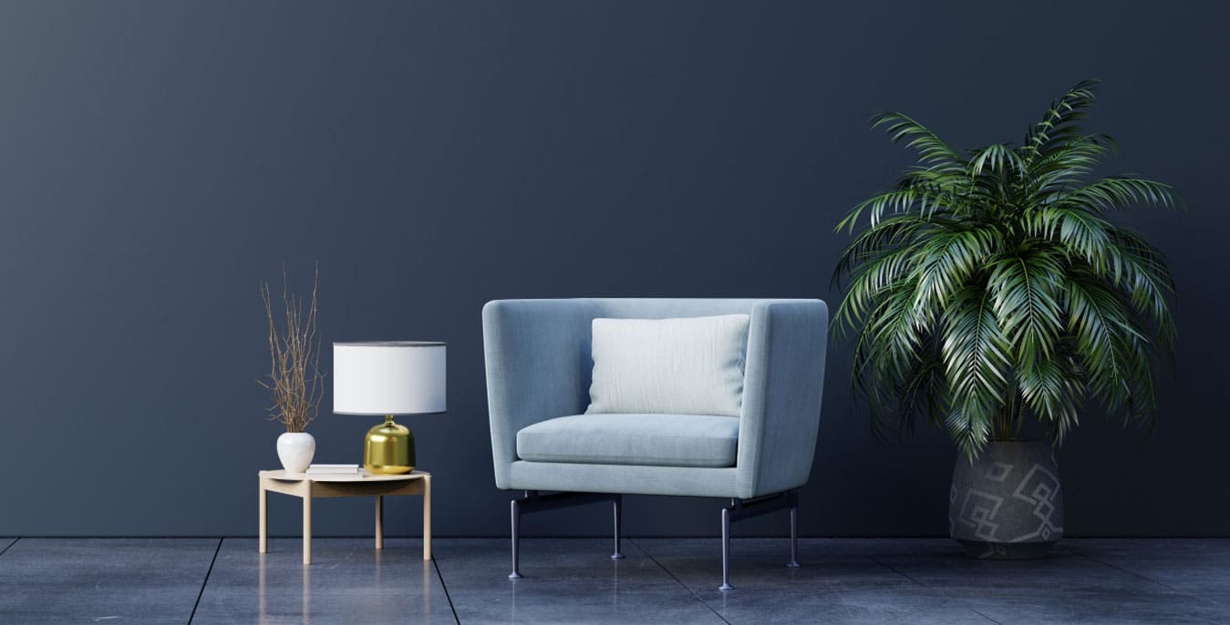 Modern chair with plant and lamp