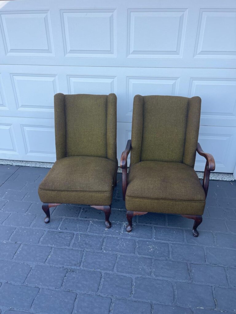 Two vintage green upholstered chairs