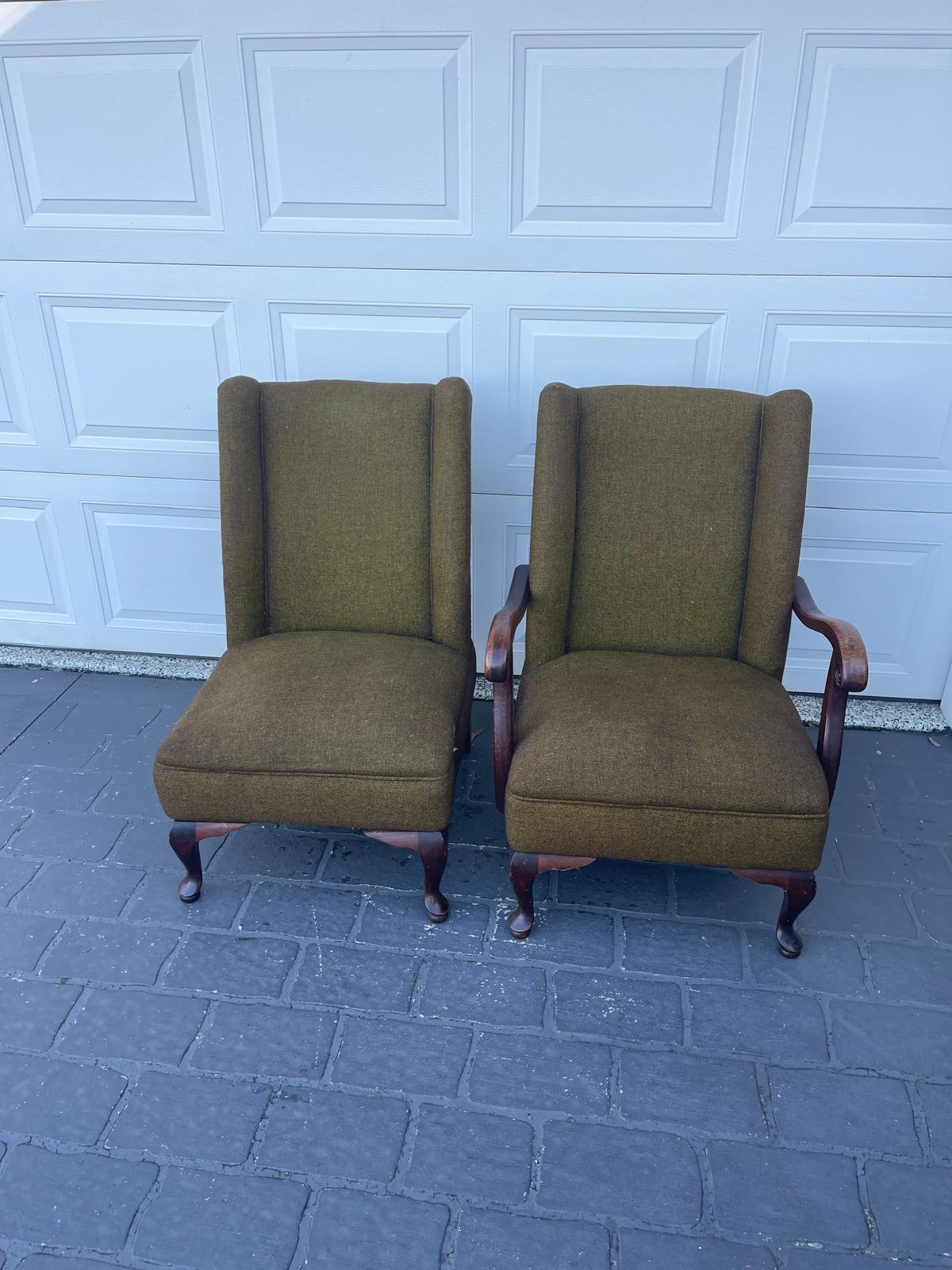 Two vintage green upholstered chairs